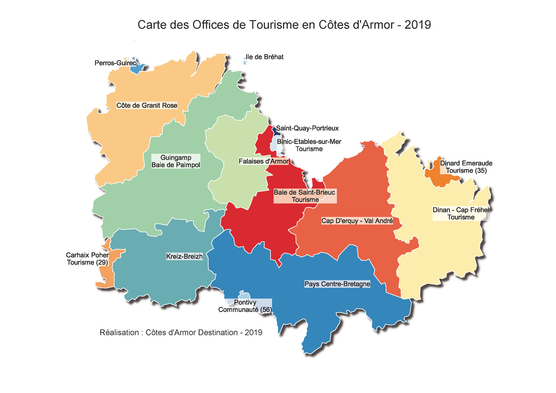 La carte des offices de tourisme des Côtes d'Armor au 1/01/2021